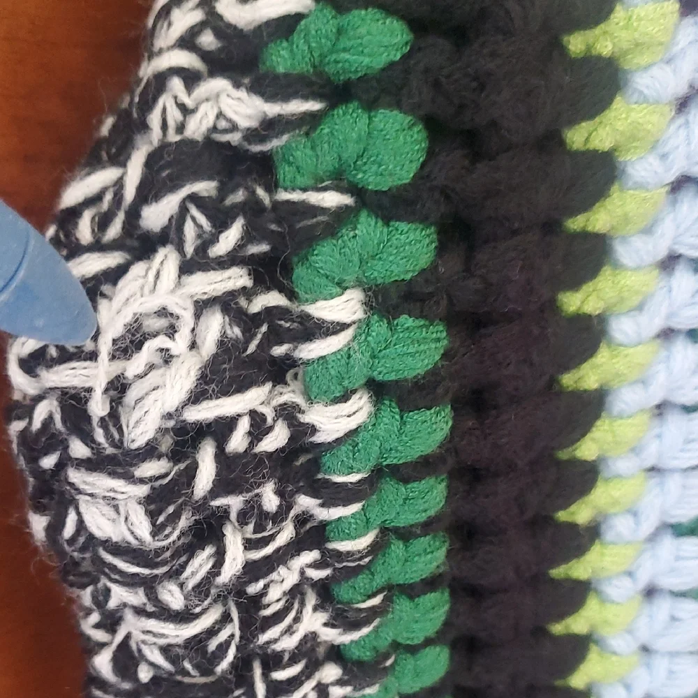 AKIRA Crocheted Multi-Stripe Scoop Neck Sweater in Pink, Yellow & Green - Picture 6 of 10